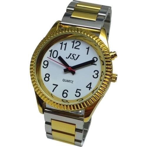 Spanish Talking Watch with Alarm, White Dial, Folding Clasp, Golden Case B4-G205W-TS