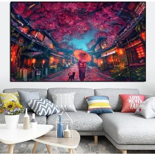 Cartoon sakura canvas paintings and posters, artistic pictures of women and animals walking on the street, as living room decora