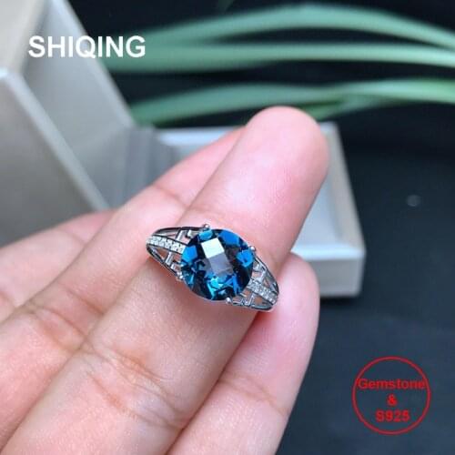 SHIQING Real gemstone ring, blue nature topaz rings, high quality square ball cut topaz silver ring for women