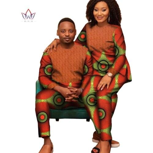 Bintarealwax African Wax Print Clothes for Couple Dashiki Plus Size 7XL Two Piece Set Crop Top with Pants Couple Clothing WYQ733
