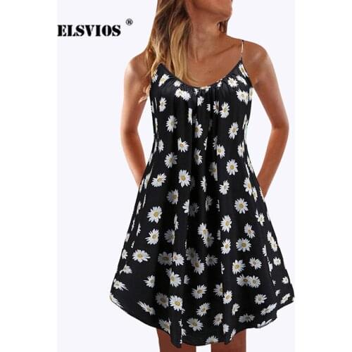 Summer Women Sexy Spaghetti Strap Mini Dress Small Daisy Wave Point Printed Casual Loose Dress Ladies Beach Party Ruffle Dresses