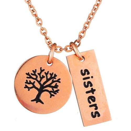 Fashion Tree Of Life Necklace Stainless Steel Gold Silver Color Chain For Women Bar Sister Letter Charm Necklaces Round Jewelry