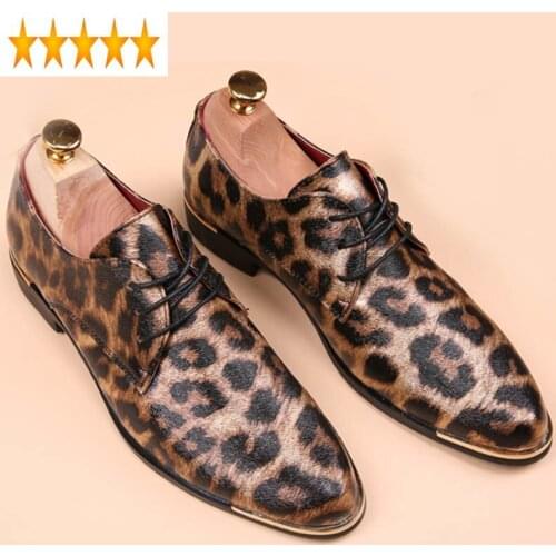 Pointed 2021 Mens New British Toe Leopard Print Lace Up Punk Casual Dress For Man UK Hot Fashion Wedding Shoes Yellow