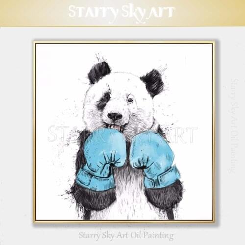 New Arrivals Hand-painted Fine Art Funny Animal Panda Boxing Oil Painting Hand-painted Panda Oil Painting for Wall Decoration
