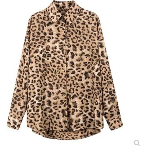 DANCING WINGS Autumn Womens Long Sleeve Lapel Chiffon Leopard Shirts Casual Tops
