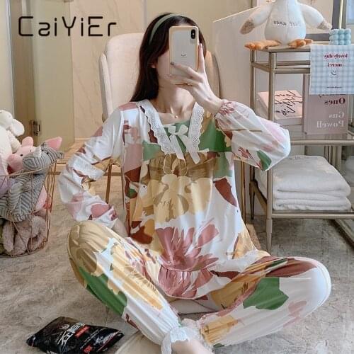 CAIYIER Floral Printing Casual Pajamas Set Long Sleeve Sleepwear For Women Autumn Winter Girls Nightwear Lace Lounge Wear Mujer