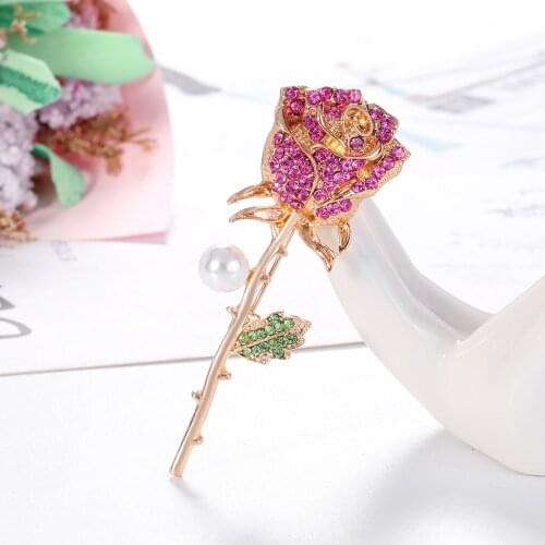 Pink Rhinestone Pearl Rose Brooches for Women Enamel Brooch Pins Jewelry Accessories