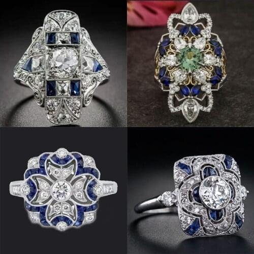 Sapphire Collection ! Luxury Palace Styles Blue White Zircon Ring For Women Vintage Party Anniversary Jewelry Female Accessories