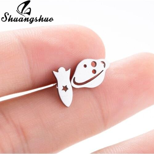 Shuangshuo Mini Rocket Satellite Stud Earrings Fashion Stainless Steel Planets and Spaceship Ear Studs for Women Jewelry Gifts