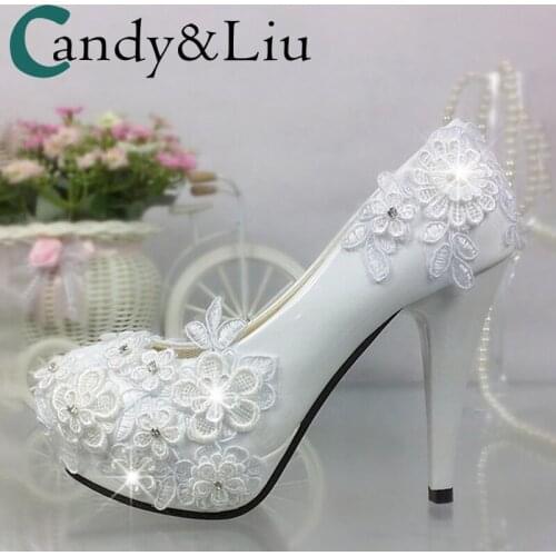 White lace flower wedding shoes princess super high heel waterproof platform custom shallow photos bride bridesmaid shoes