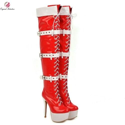 Original Intention Fashion Over-the-Knee Cross-tied 3 Buckles Boots Woman Round Toe Red Platform Thin Heel Shoes Woman Plus Size