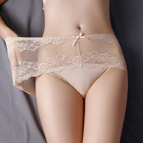 Womens Panties, Lace Trim, Comfortable, Seamless, Breathable Solid Color Cotton Trim Lining, Mid-Waist Briefs