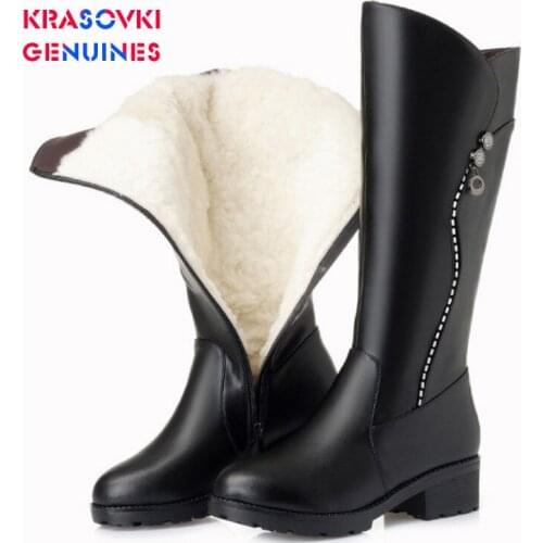 Krasovki Genuines Wool Women Snow Boots Fur Warm Shoes Plush Warm Genuine Leather High Boots Platform for Women Winter Boots
