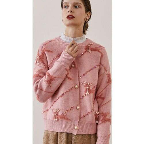 Women Knit Jacket 2020 Fashion Cute Round Neck Fawn Beaded Loose Pink Sewater Knitted Cardigan Chrismtas Jumper