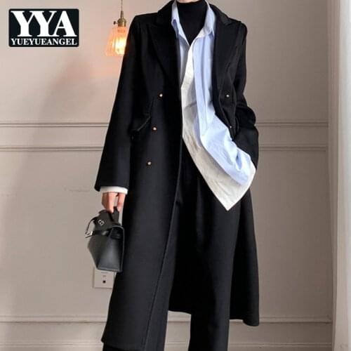 Designer Lady Double Breasted Wool Blend Coat Elegant Office Loose Overcoat Women Streetwear Straight Long Sleeve Long Jacket