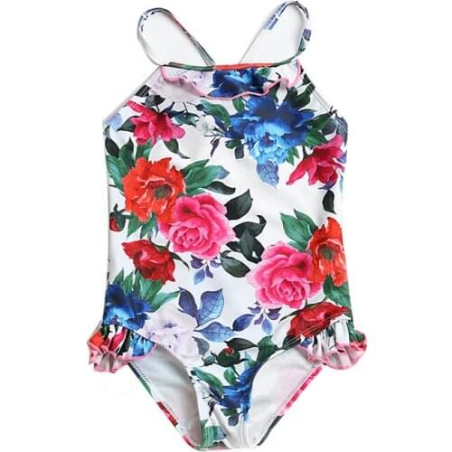 2021 2PCS Flower Print Kids Baby Girls Swimwear Sleeveless Ruffles Neck Hem Triangle Swimwear Backless Bodysuit With Swim Cap