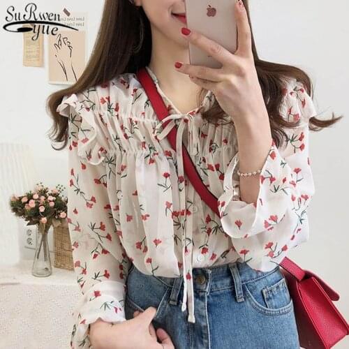 2021 Spring Women Blouse Puff Sleeve Ladies Korean Style Bow Floral Shirt Women Office Loose Chiffon Print Tops Clothing 10134