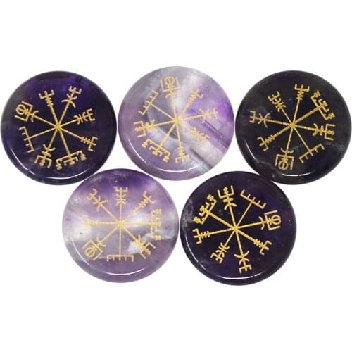 5pcs Vegvisir Purple & Black Healing Crystal Agate Stones - Engraved Ancient Norse Vegvisir Compass Symbol W4299