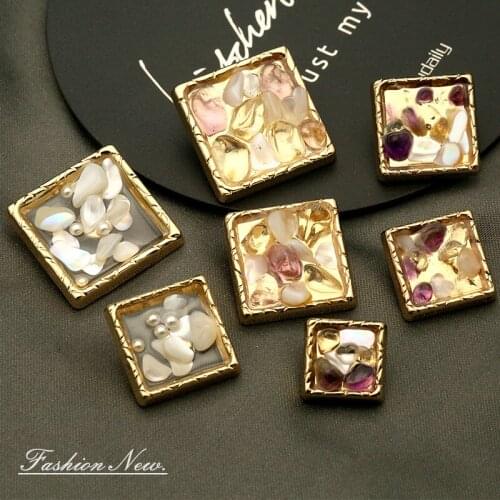 6pcs Square Metal Gold Design Stone Bead Clean Buttons for Clothing Women Coat Sweater Cardigan Decorative Needlework Sewing