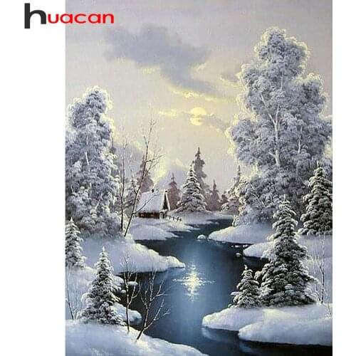 Huacan Diy Diamond Painting Winter River Scenery Home Decor Diamond Embroidery Mosaic Snow Tree Landscape Wall Stickers