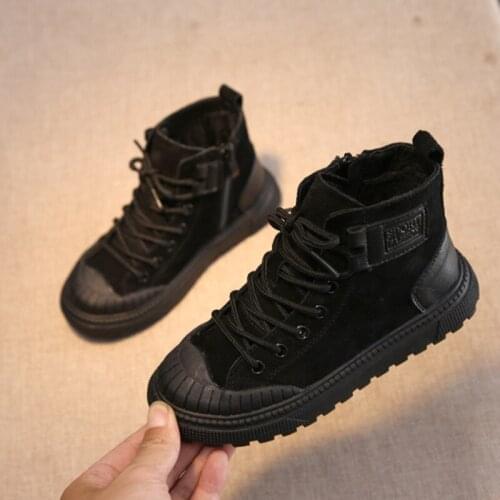 Boys boots 2020 winter new childrens Martin boots plus velvet genuine leather short boots British style cotton shoes