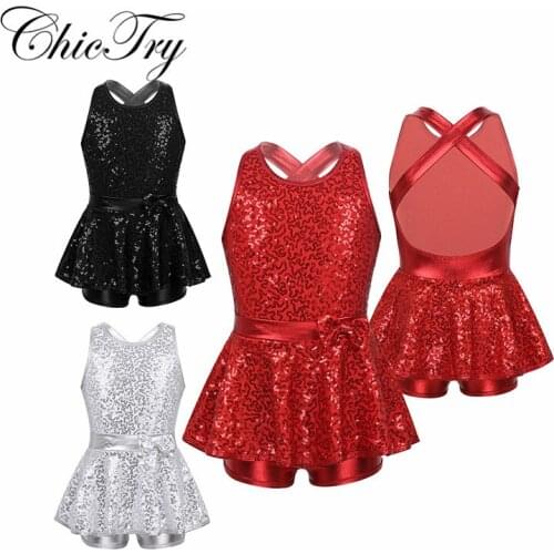 Girls Teenage Sleeveless Glitter Sequined Kids Jazz Modern Dancewear Criss Cross Back Waist Bowknot Ballet Dance Leotard Dress