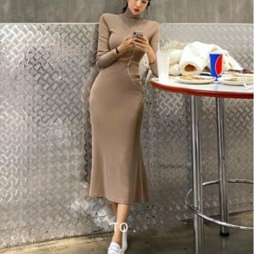 Spring Korea Turtleneck Slim High Waist Slim Sexy Big Buttock Bottomed Long Winter Dress Fashion Dresses Robe Clothes Vintage G8