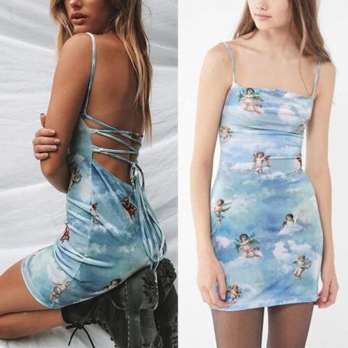 Women Sleeveless Spaghetti Strap Mini Dress Angel Print Ladies Backless Bandage Dresses Summer Beach Party Sundress Vestidos NEW