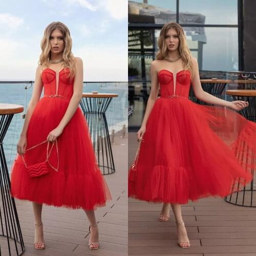 Elegant Red Cocktail Dresses Sweetheart Tulle Belt A Line Prom Gown Customize Women Formal Party Dress