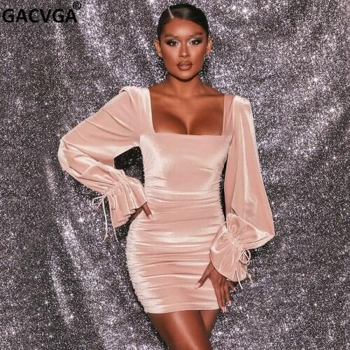 GACVGA Velvet Dress Women Long Sleeve Autumn Winter Sexy Slim Bodycon Fashion Streetwear Casual Pink Party Female Dress Vestidos