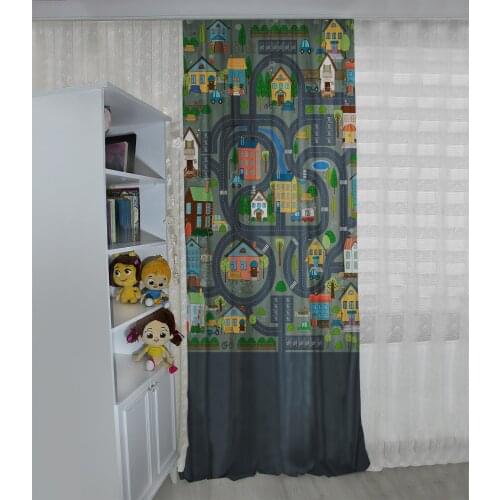 Gri çocuk odası perdesi ev,yol,ağaç,araba eğitici çocuk perdesi