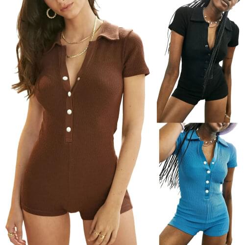 Women Solid Color Sleepwear Short Sleeve Lapel Neck Button-up Romper for Summer Autumn