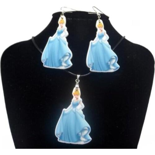 1set Blue dress Cartoon Princess Acrylic long dangle earrings pendant necklace jewelry set accessories For girl Woman Fashion