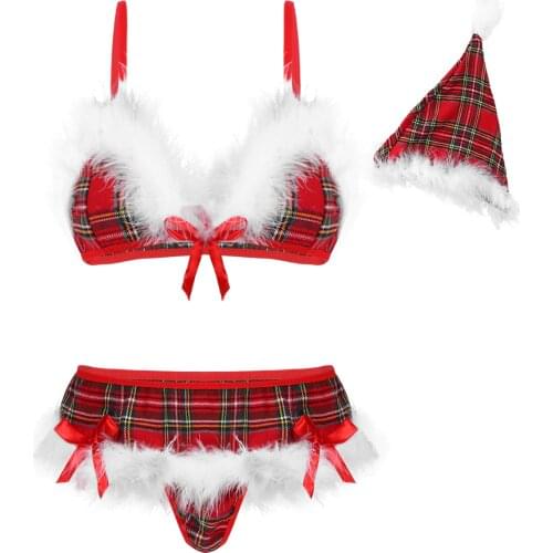 Womens Plaid Fancy Christmas Lingerie Set Schoolgirls Sexy Trimming Bra Tops with G-string Hat theme party Cosplay Clubwear