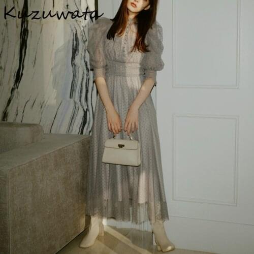 Kuzuwata 2021 New Women Dresses Japan Style Sweet Robes Solid Gauze Single Breasred Puff Short Sleeve Slim High Waist Vestidos