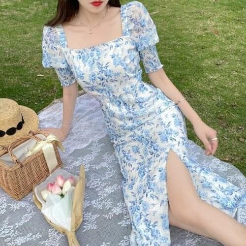 Summer 2021 French Vintage Floral Dress Women Designer Elegant Split Party Midi Dress Female Casual Kawaii Korean Fairy Dress