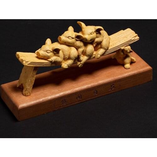 Three Little Pigs Animal Boxwood Miniature Wealth Feng Shui Chinese Tea Pet Wall Ornaments Carving Crafts Zodiac Collection