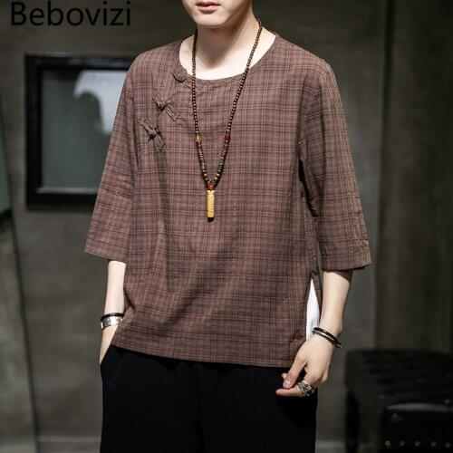 Han Fu Summer Traditional Chinese Clothing Style Orient Tang Hanfu for Men Tops Plus Size M-5XL Blue Brown Plaid Cotton Linen