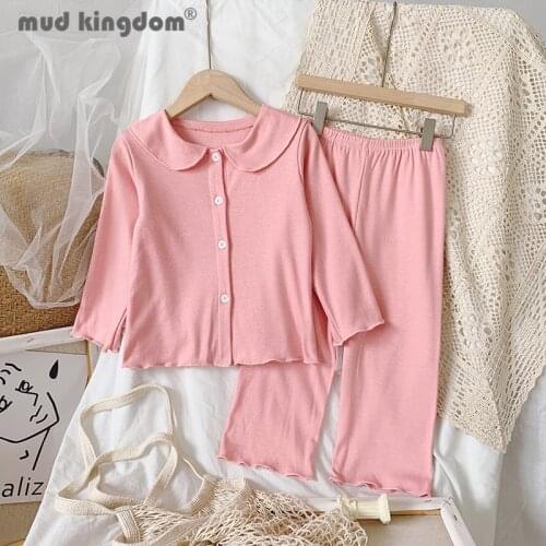 Mudkingdom Girl Pajama Pants Set Solid Turn-down Collar Long Sleeve Tops Trousers Thin Outfits Toddler Spring Autumn Home Clothe