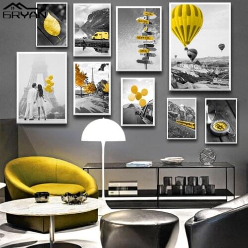 Black White Paris Lovers Yellow Leaves Landscape Print Painting on Canvas Hot Air Balloon Retro Picture Romantic Poster Wall Art