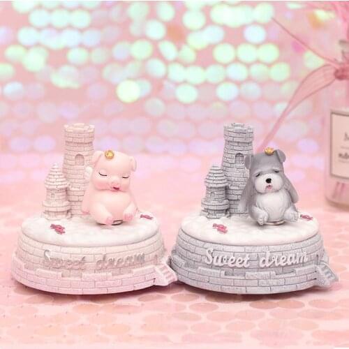 Christmas Gift Retro Pig Music Box Pink Dog Figurine Castle In The Sky Hand Crank Musical Box