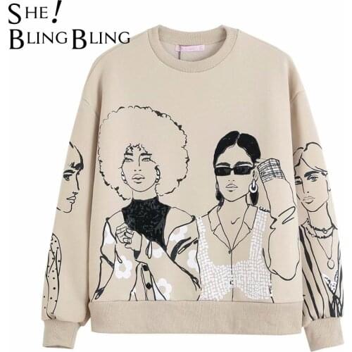 SheBlingBling Spring Autumn Women Sweatshirts Character Printed Long Sleeve Drop Shoulder Pullovers Female Loose Tops Hoodies