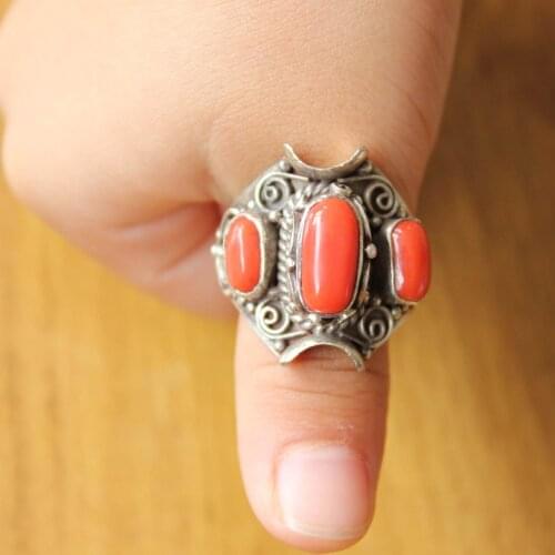 SL054 Vintage Nepal 925 Sterling Silver Inlaid Red Coral Ring Adjustable Thumb Rings Ethnic Tibetan Jewelry Free Shipping