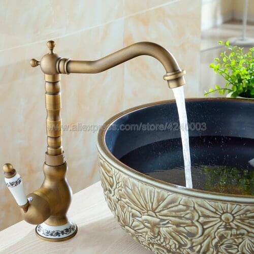 Basin Faucets Antique Bathroom Sink Mixer Deck Mounted Single Handle Single Hole Bathroom Faucet Brass Hot and Cold Tap Knf510