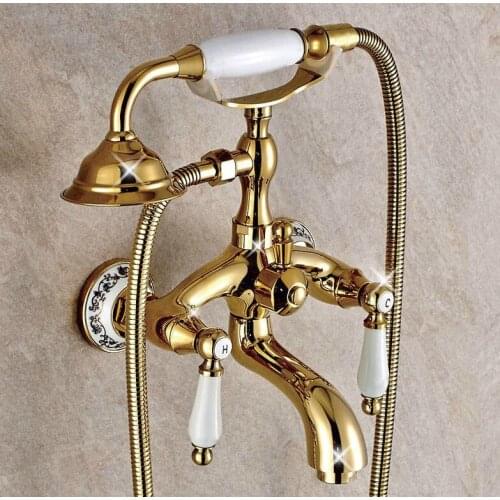 Modern Golden Brass Wall Mounted Bathroom Tub Faucet Set with 1500MM Handheld Shower Spray Head Mixer Tap 2tf414