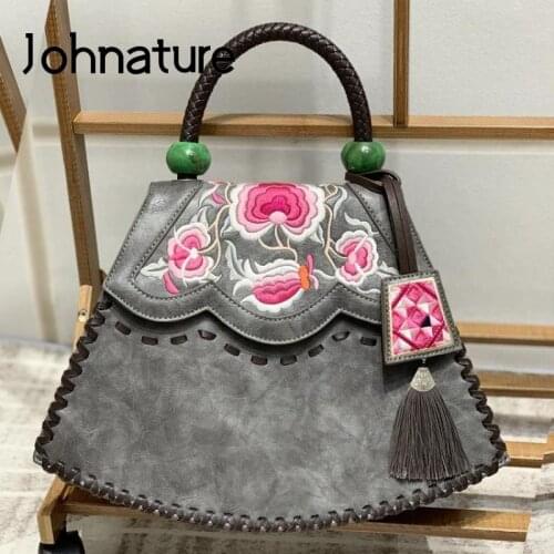 Johnature Chinese Style Women Bag 2021 New Vintage Handmade Embroidery Elegant Handbag Versatile Large Capacity Shoulder Bags