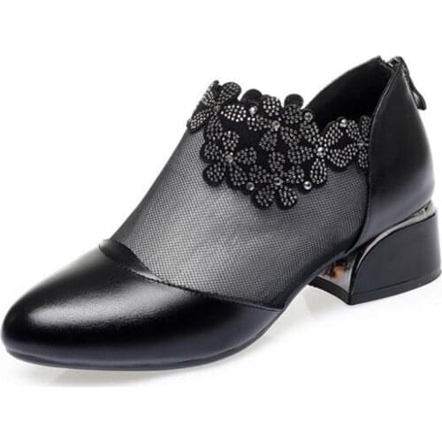 2021 New Round Toe Black Cowhide Mesh Boots Summer Women Sandals Classic Rhinestone Fashion Sandals Large Size Tide Shoes