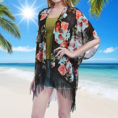 Women Floral Print Chiffon Cardigan Short Sleeve Loose Beach Wear Cover Up Blouse Summer Sun Protection Clothing Tops Plus Size