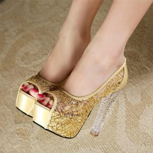 Peep Toe Heels Women Pumps Black Platform High Heels Extreme 13cm Womens Sexy Shoes Ladies Bud Silk Sequins Thick Heeled Shoes