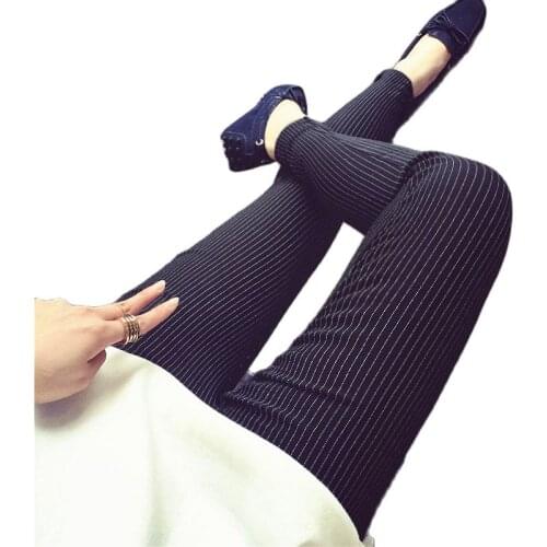 Lady spring autumn stripe pants women casual ankle length slim pant fashion black blended cotton pencil leggings